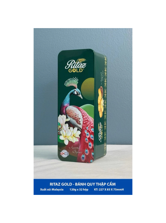 Bánh Quy Ritaz Gold Hộp Thiếc Chữ Nhật 120g gói quà Tết 2025 siêu đẹp