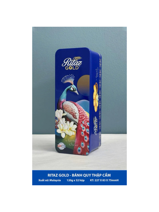 Bánh Quy Ritaz Gold Hộp Thiếc Chữ Nhật 120g gói quà Tết 2025 siêu đẹp